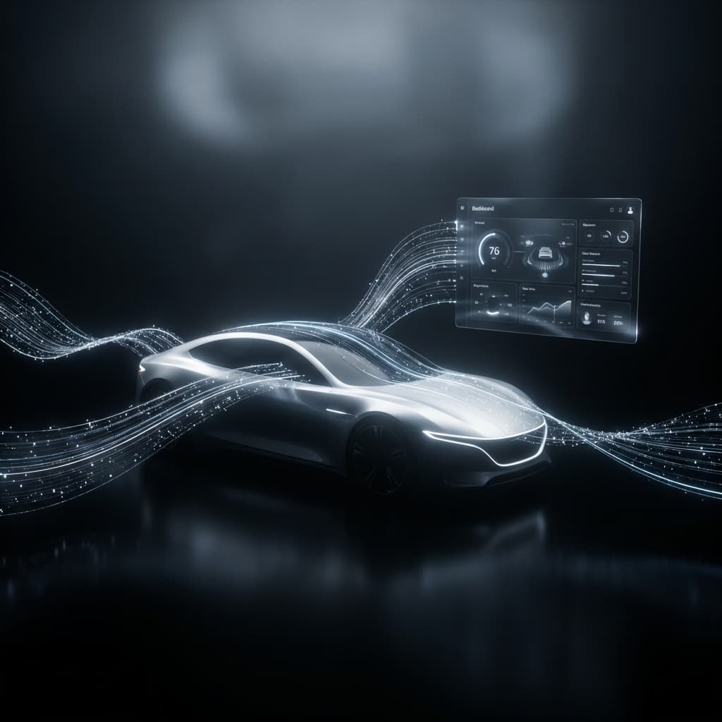 Futuristic data visualization connecting car to dashboard
