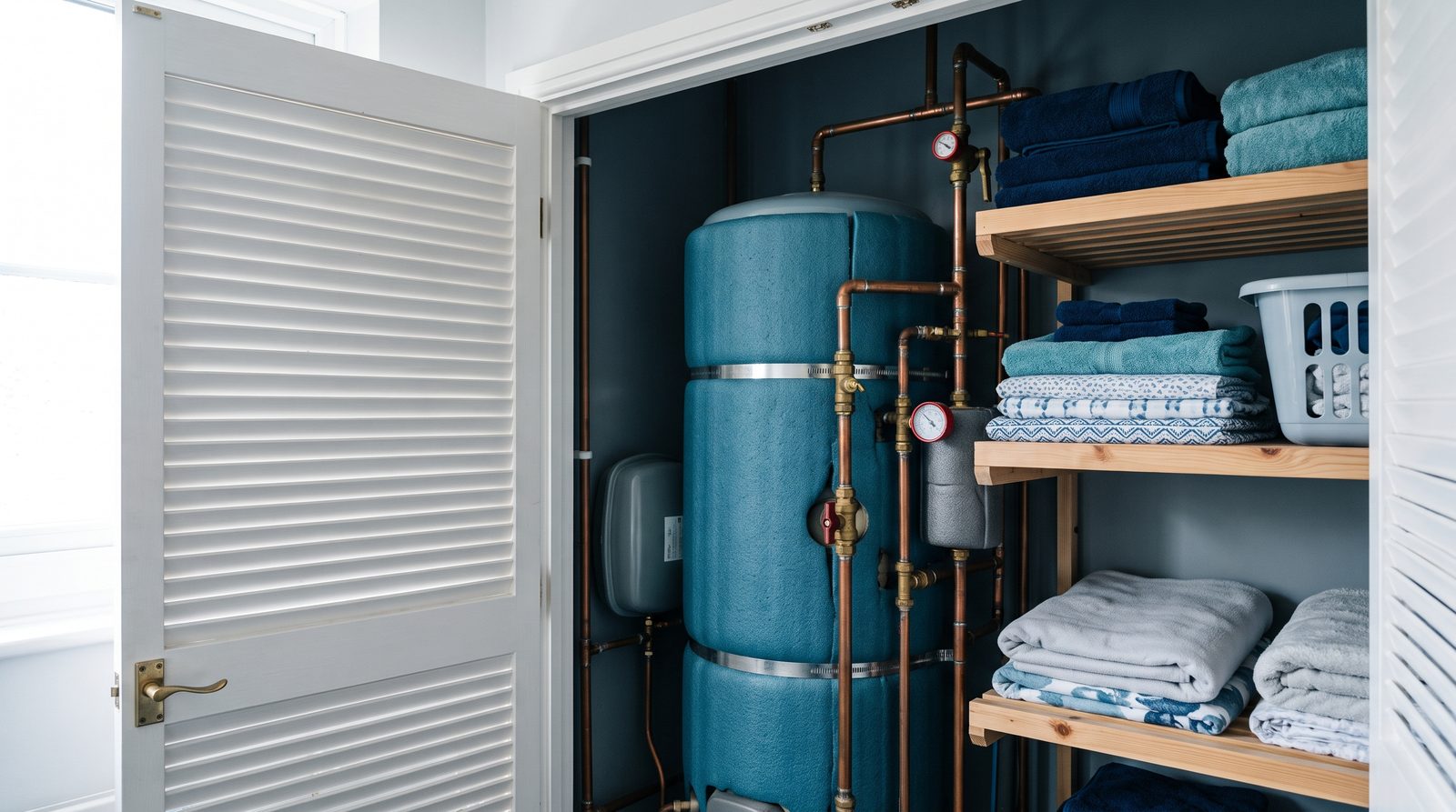 An airing cupboard with its door open: an insulated hot water cylinder with copper pipes, and towels on wooden shelves
